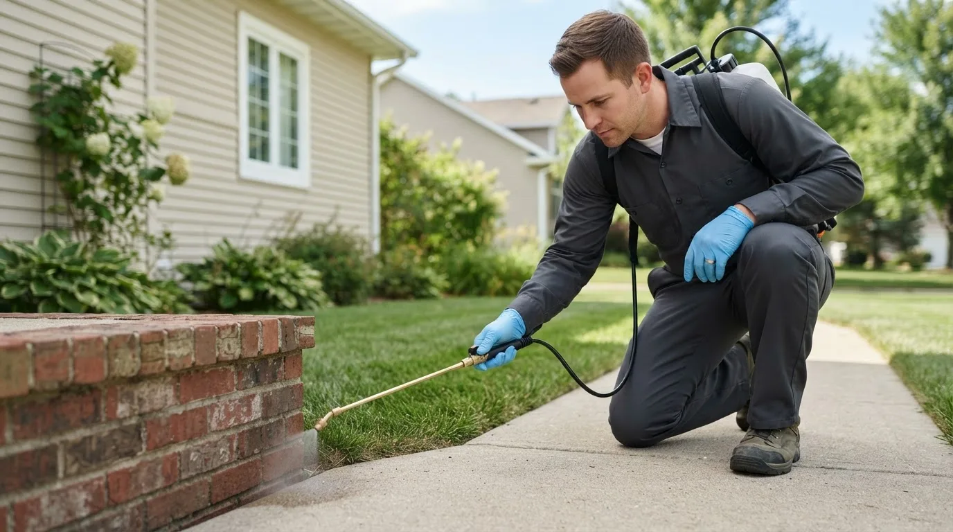 Pest control technician treating a home near Esbon, KS